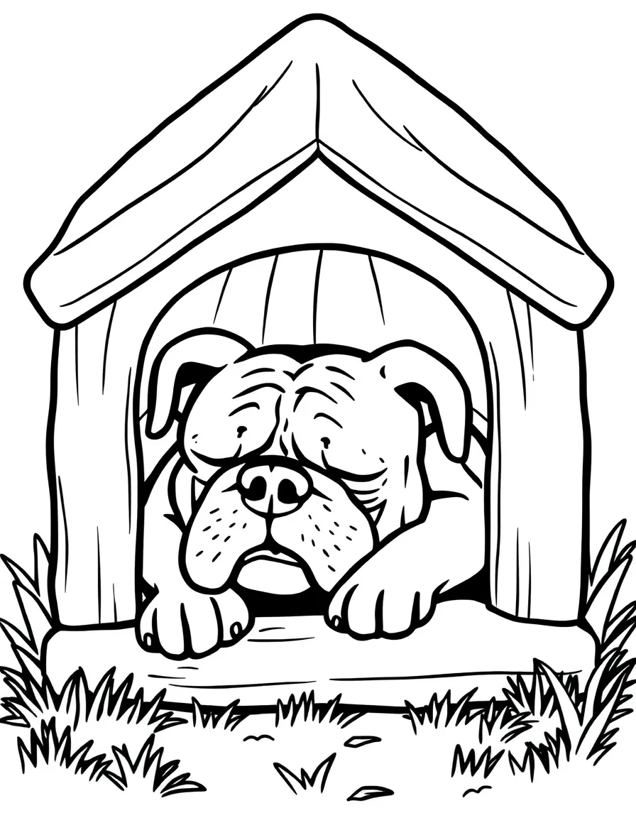 A sleepy Bulldog snoozing in a doghouse