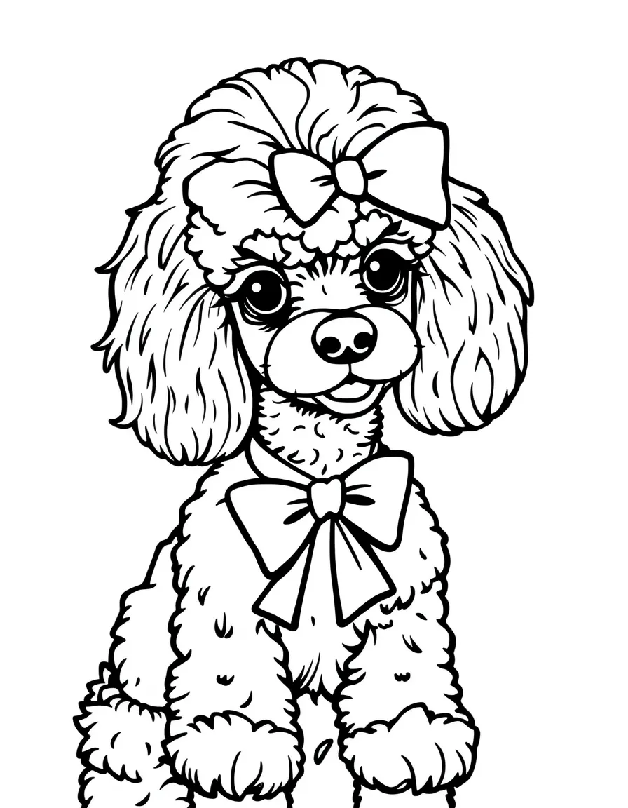 A Poodle with a fancy haircut and bow