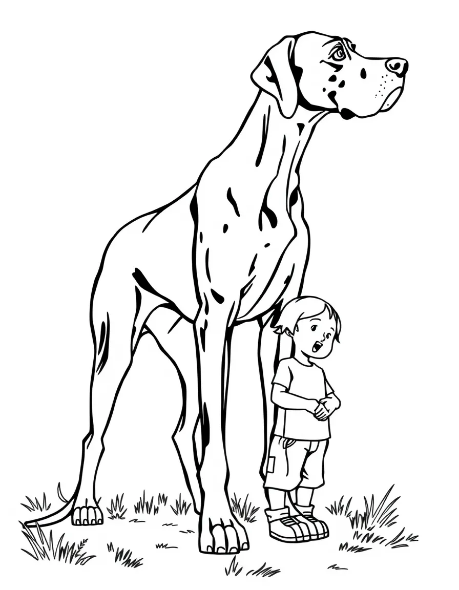A Great Dane standing tall beside a small child