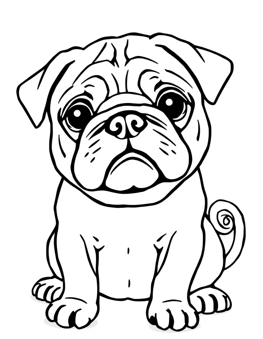 A Pug with its wrinkly face and curly tail