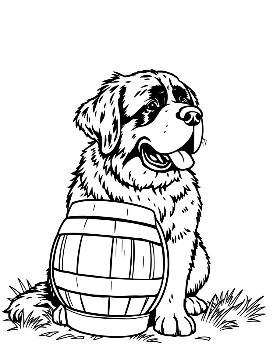 A Saint Bernard with a rescue barrel