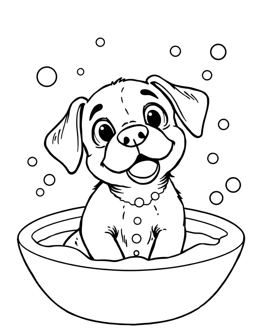 A dog taking a bath with bubbles