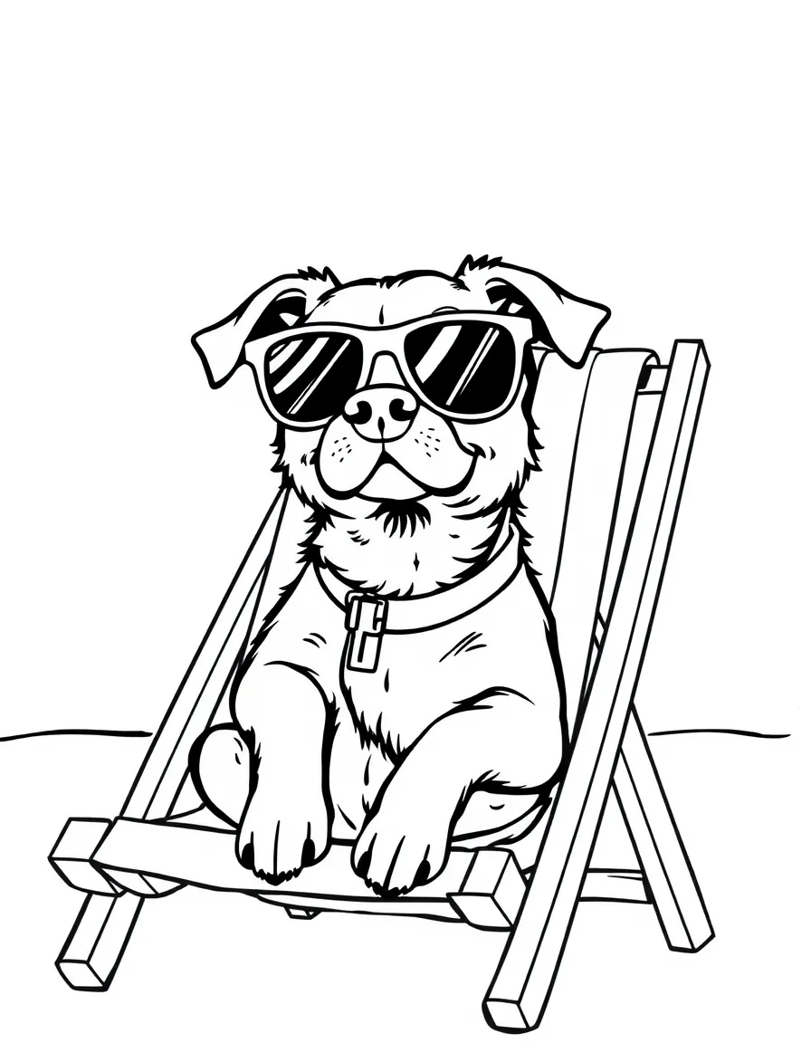 A dog wearing sunglasses and relaxing in a beach chair