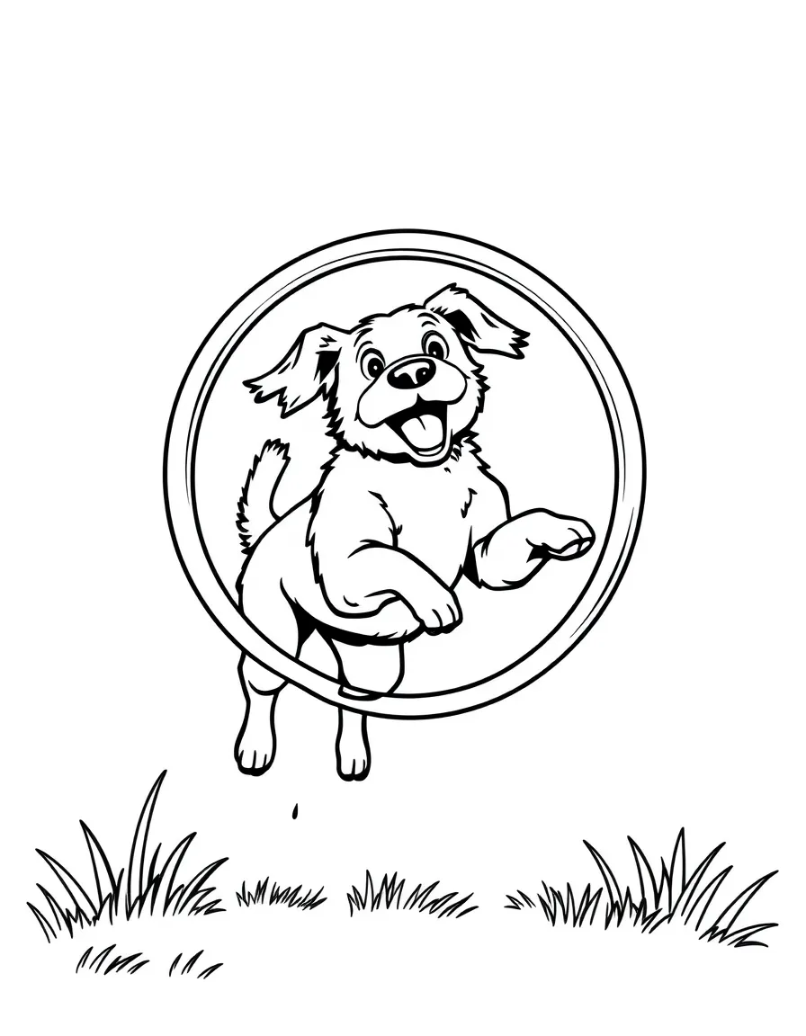 A dog jumping through a hoop