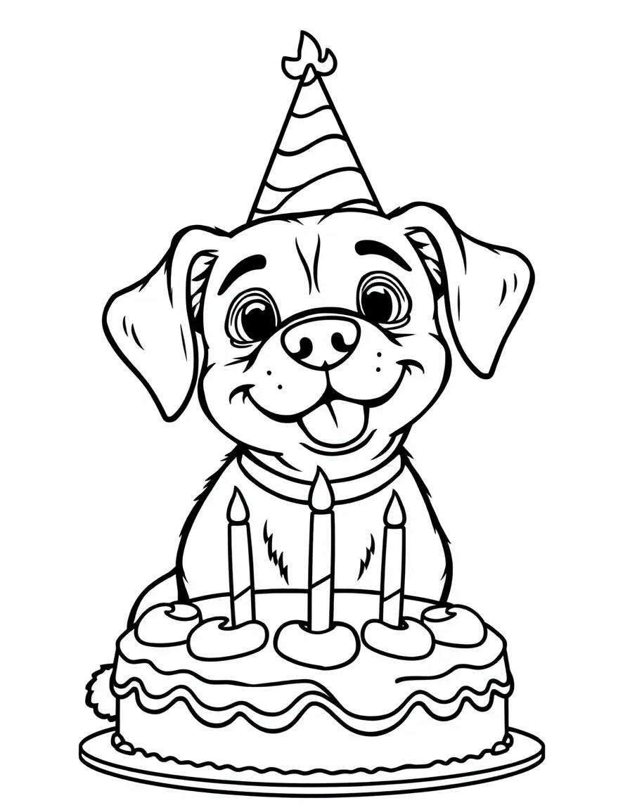 A dog with a birthday cake and party hat