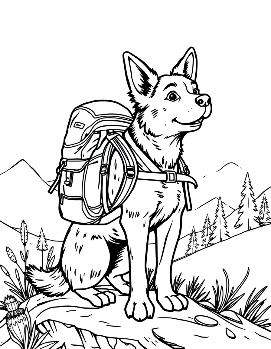 A dog carrying a backpack on a hiking trail