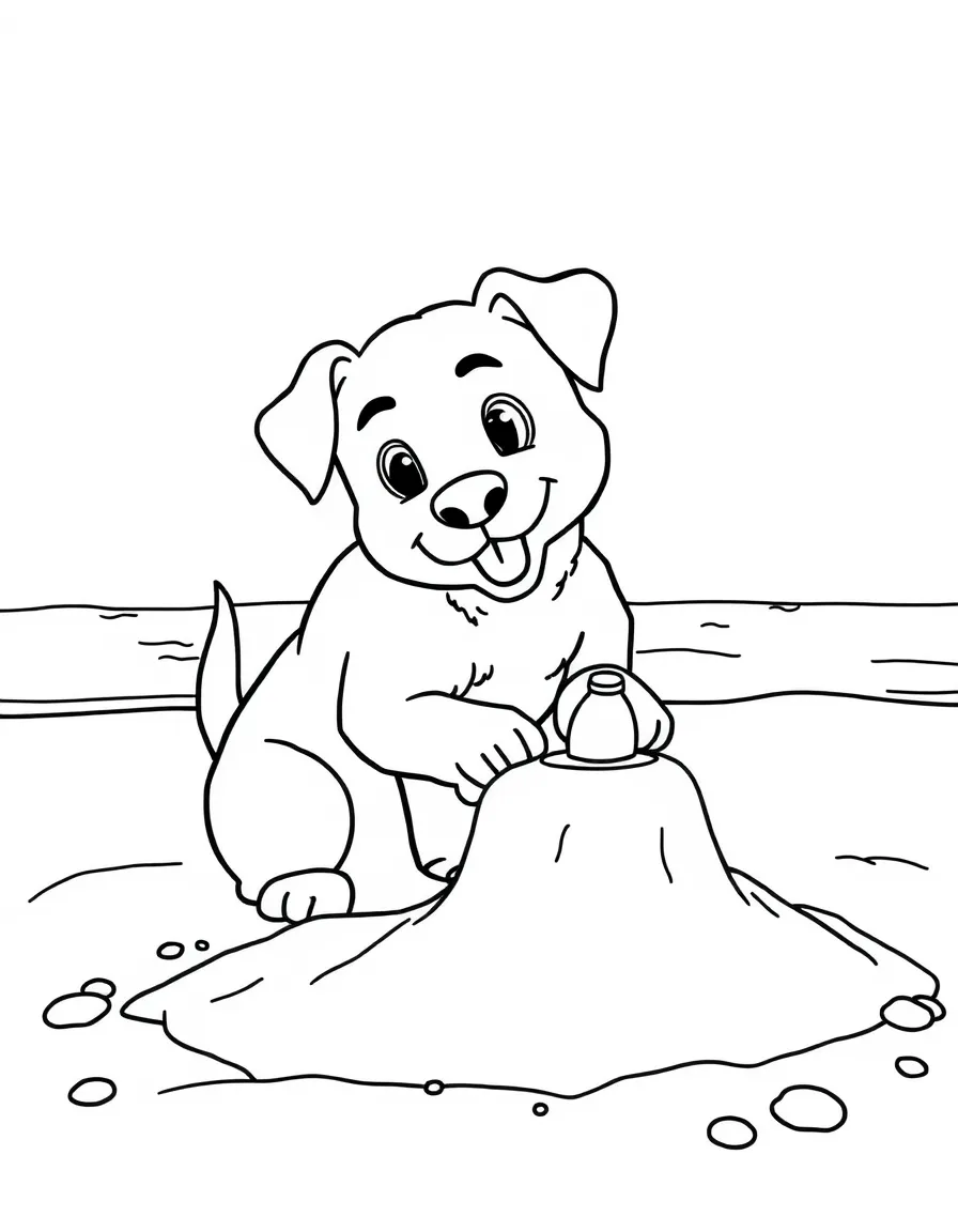 A dog building a sandcastle at the beach