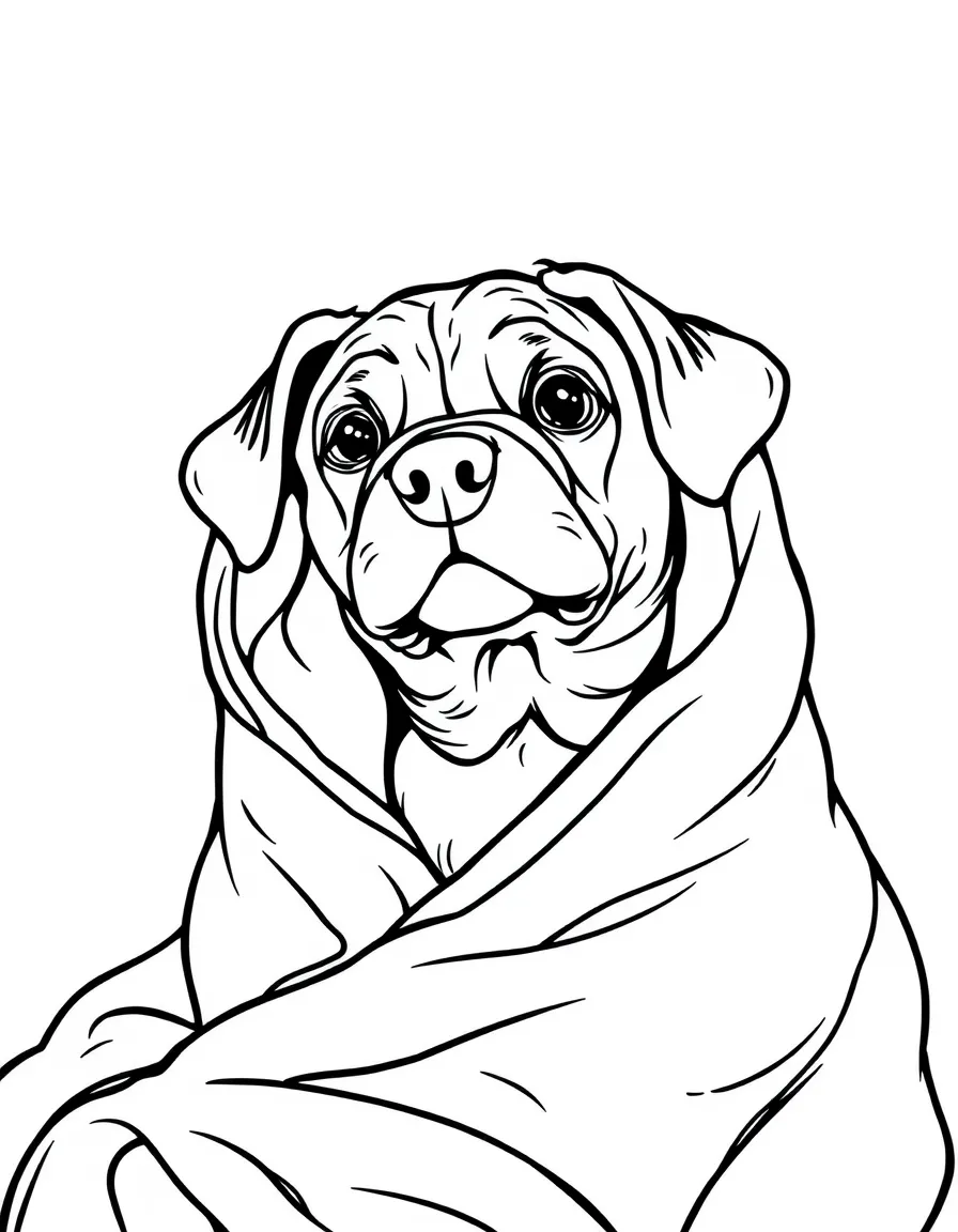 A dog wrapped up in a blanket