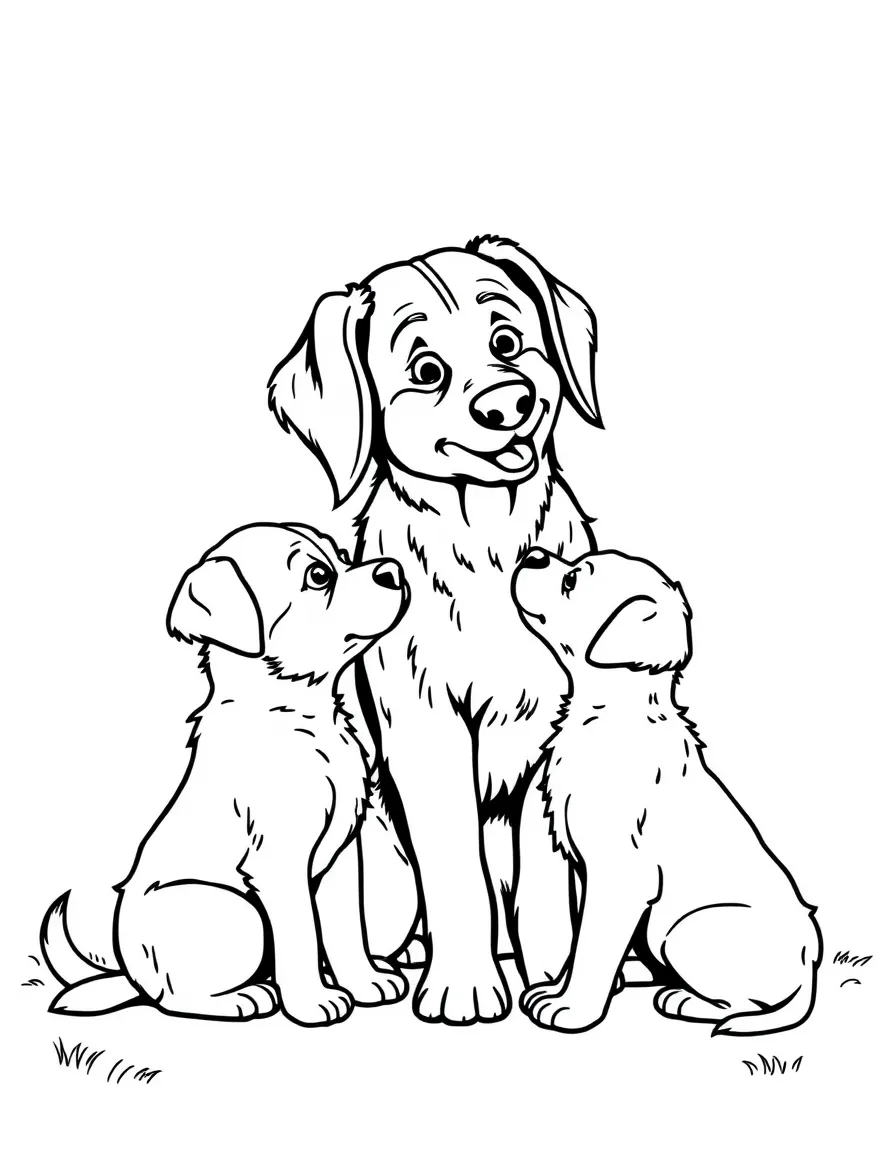 A dog teaching puppies to sit