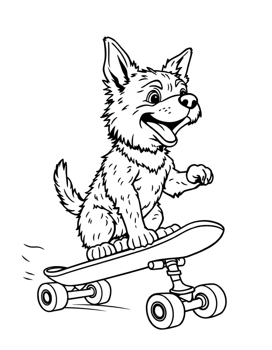 A dog riding a skateboard