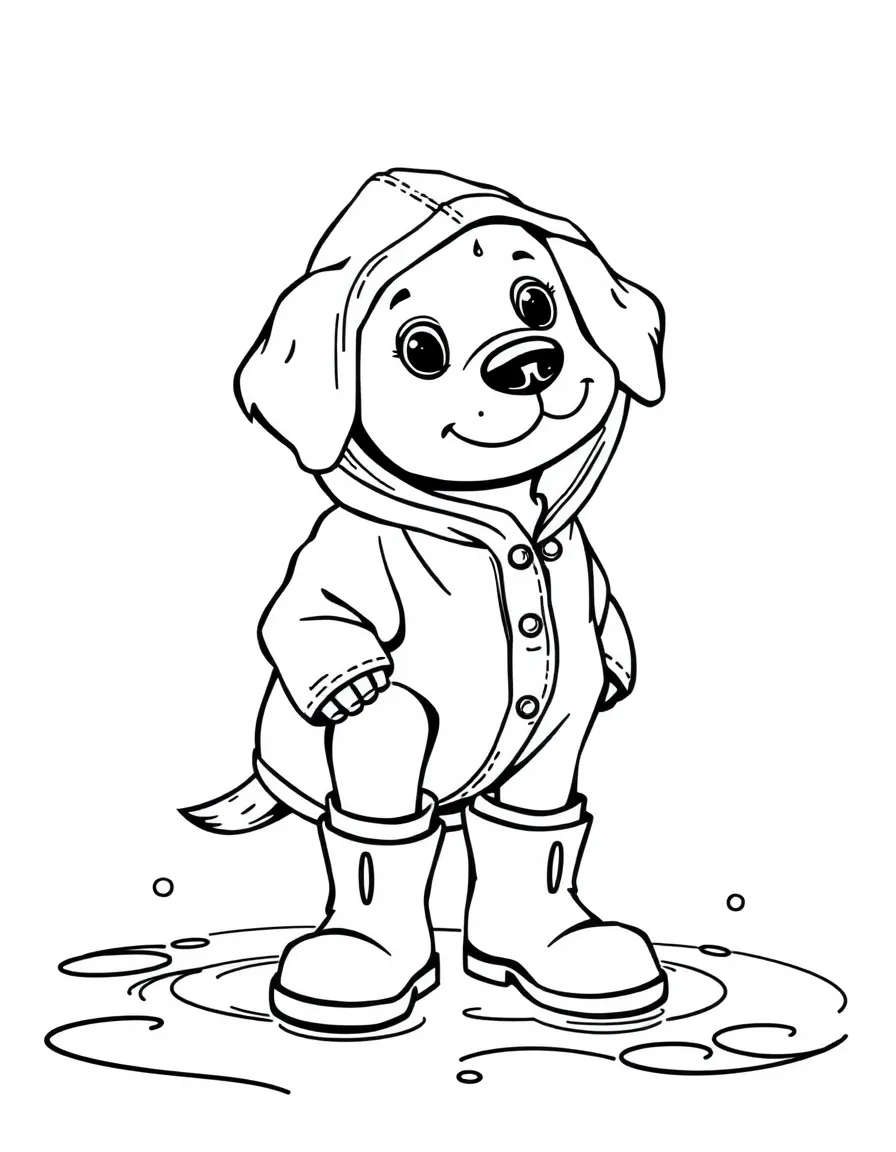 A dog wearing a raincoat and boots in puddles