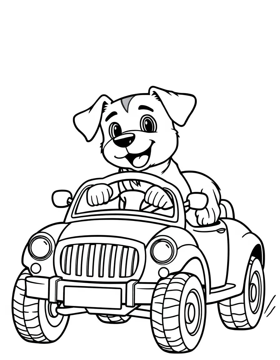 A dog driving a toy car