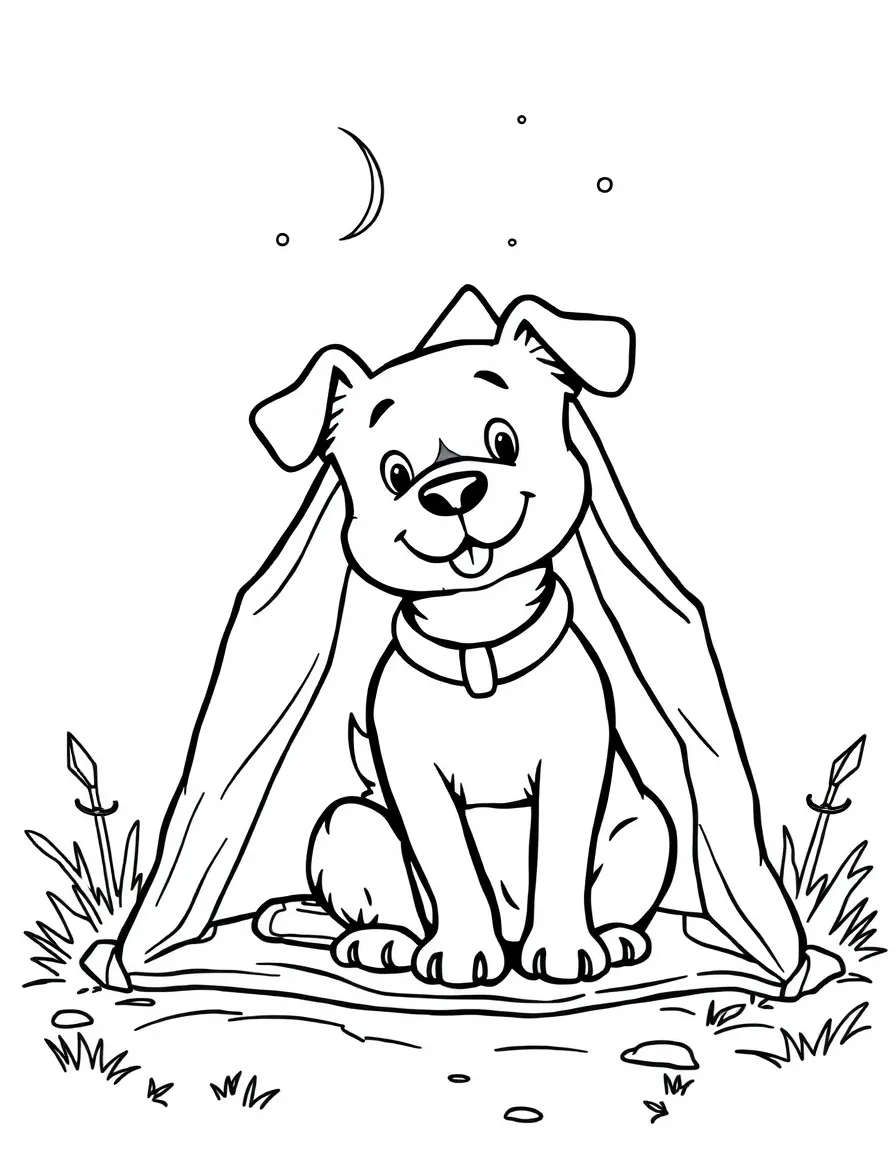 A dog camping with a tiny tent
