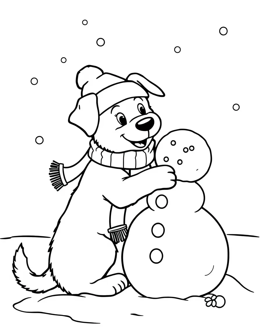 A dog building a snowman