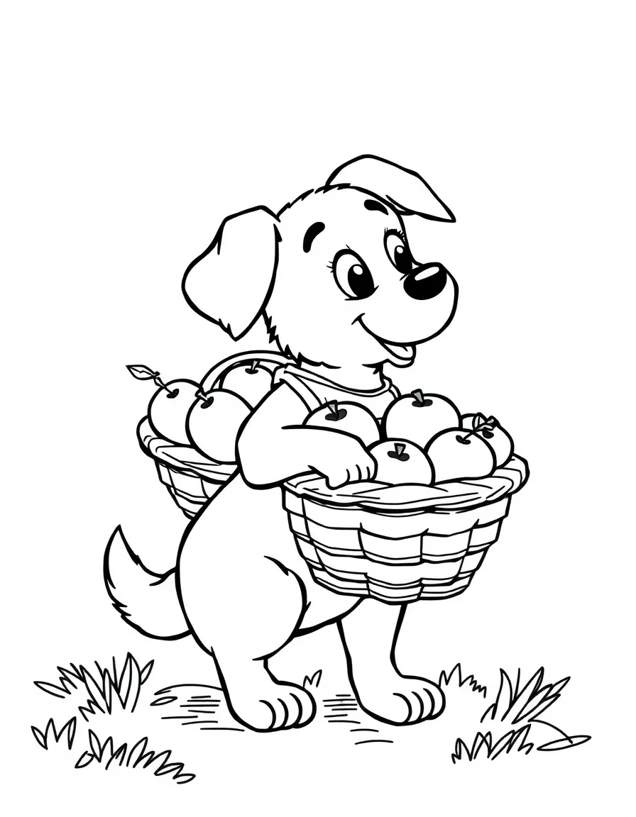 A dog carrying a basket of apples