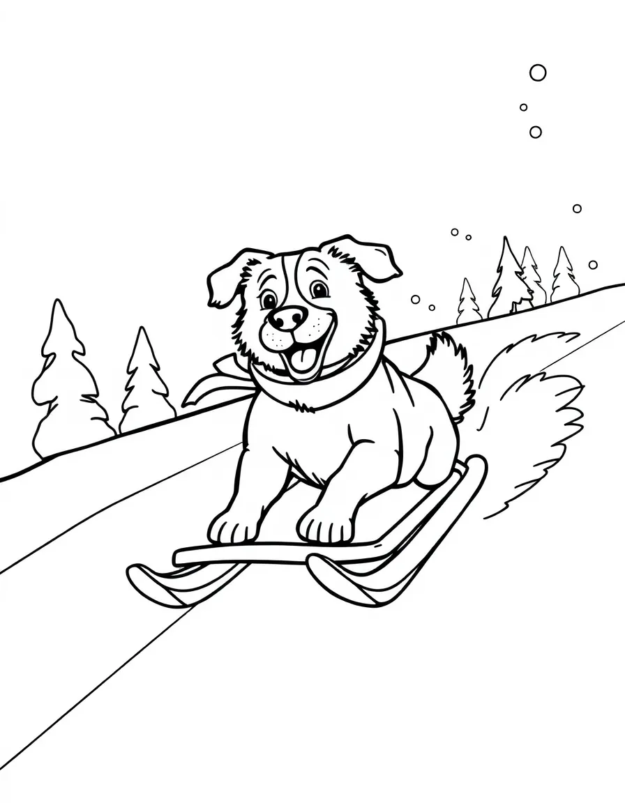 A dog sledding down a snowy hill