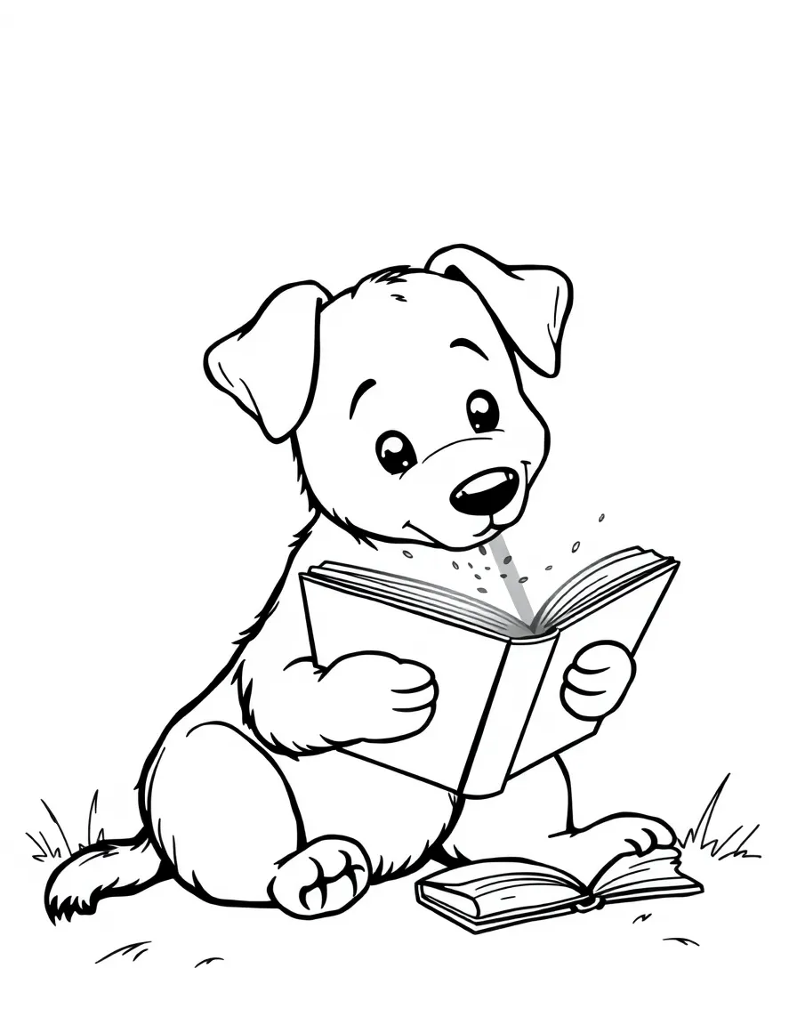 A dog reading a book by flashlight