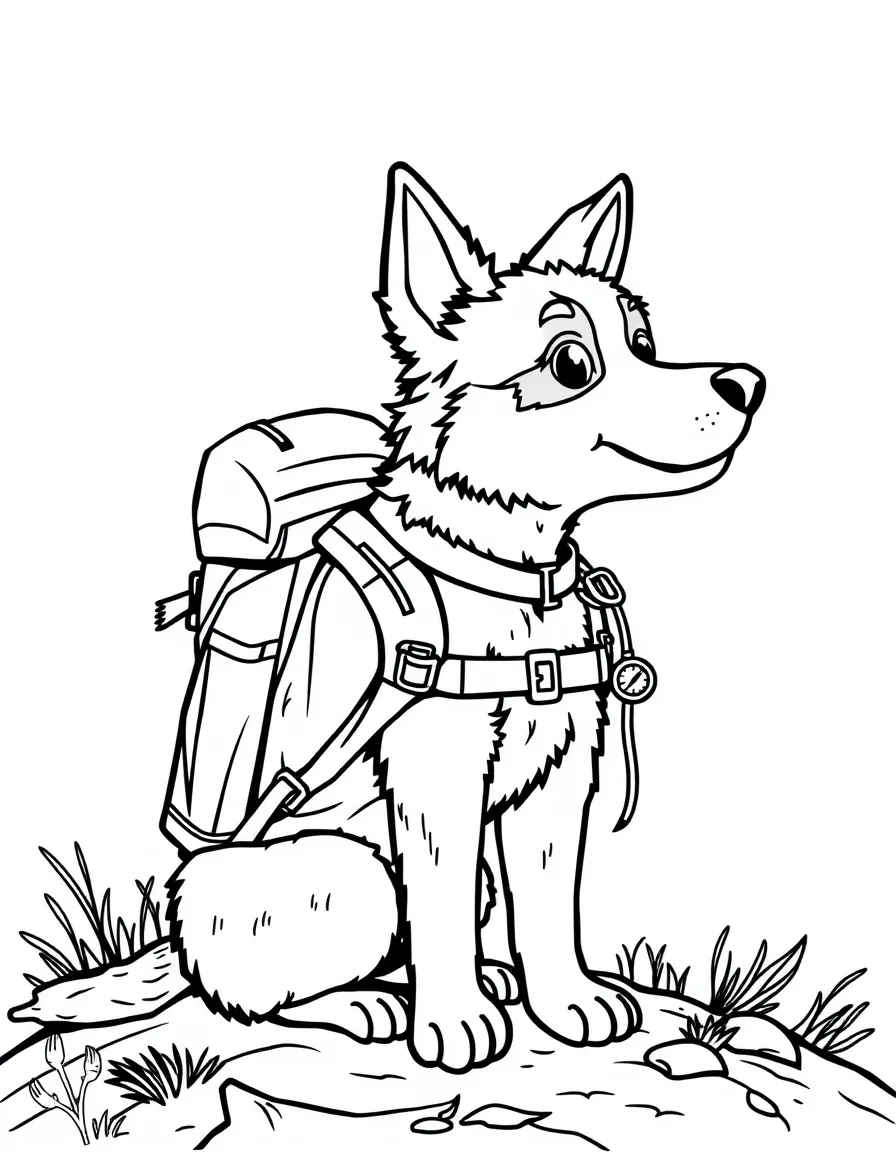 A dog hiking with a backpack and compass