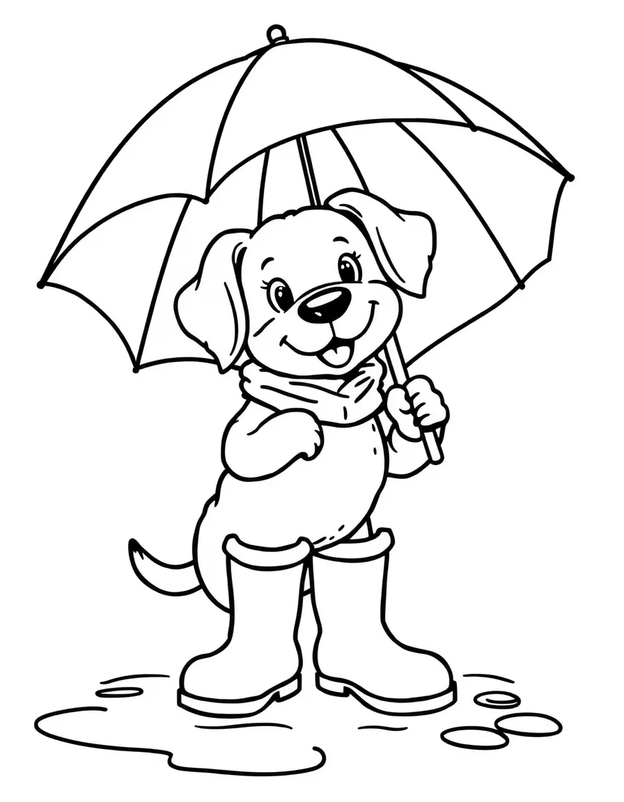 A dog wearing rain boots and holding an umbrella