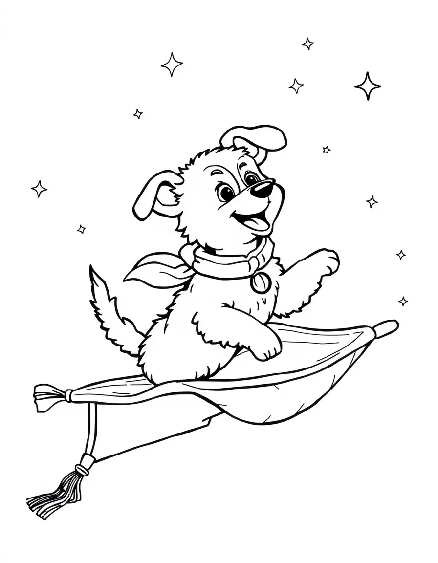 A dog flying on a magic carpet