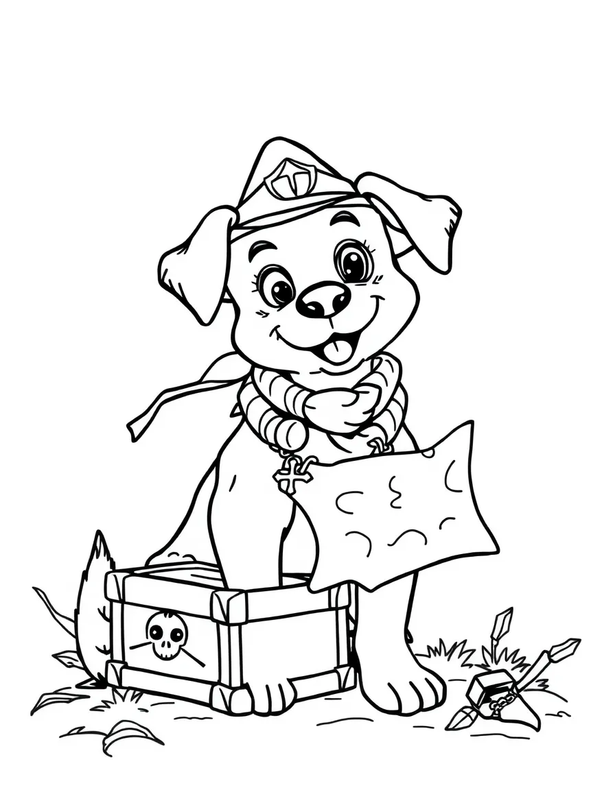 A dog with a treasure map and chest