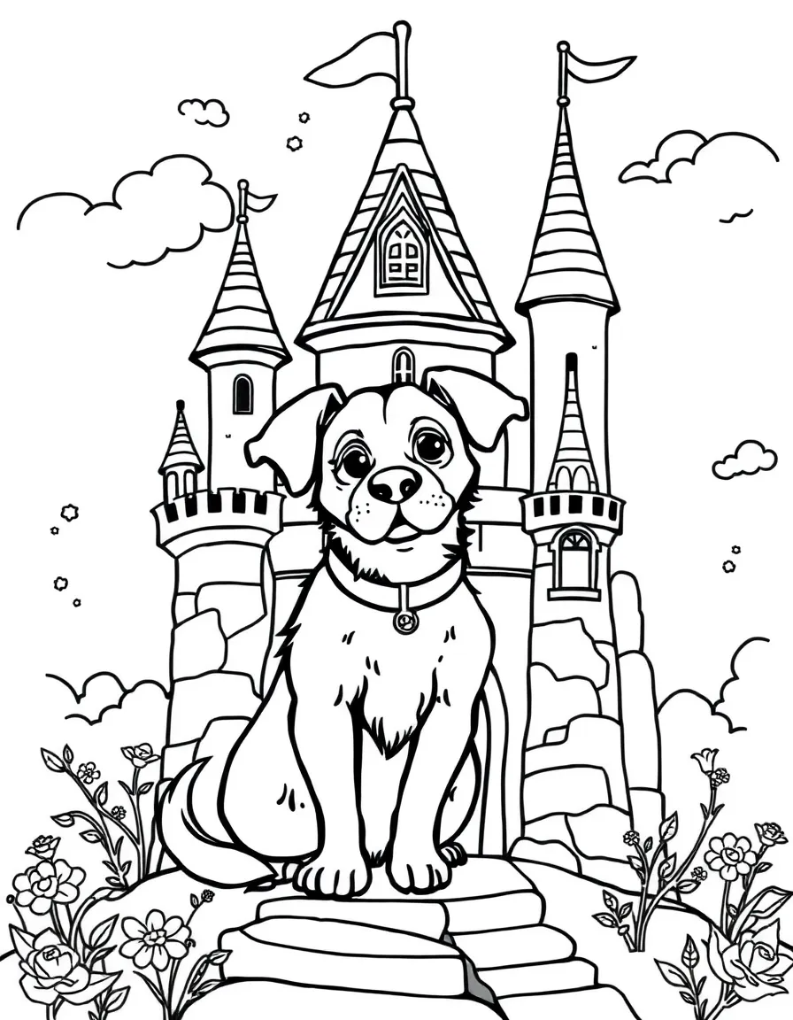 A dog in a fairy tale castle