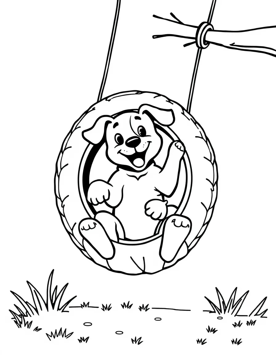 A dog swinging on a tire swing