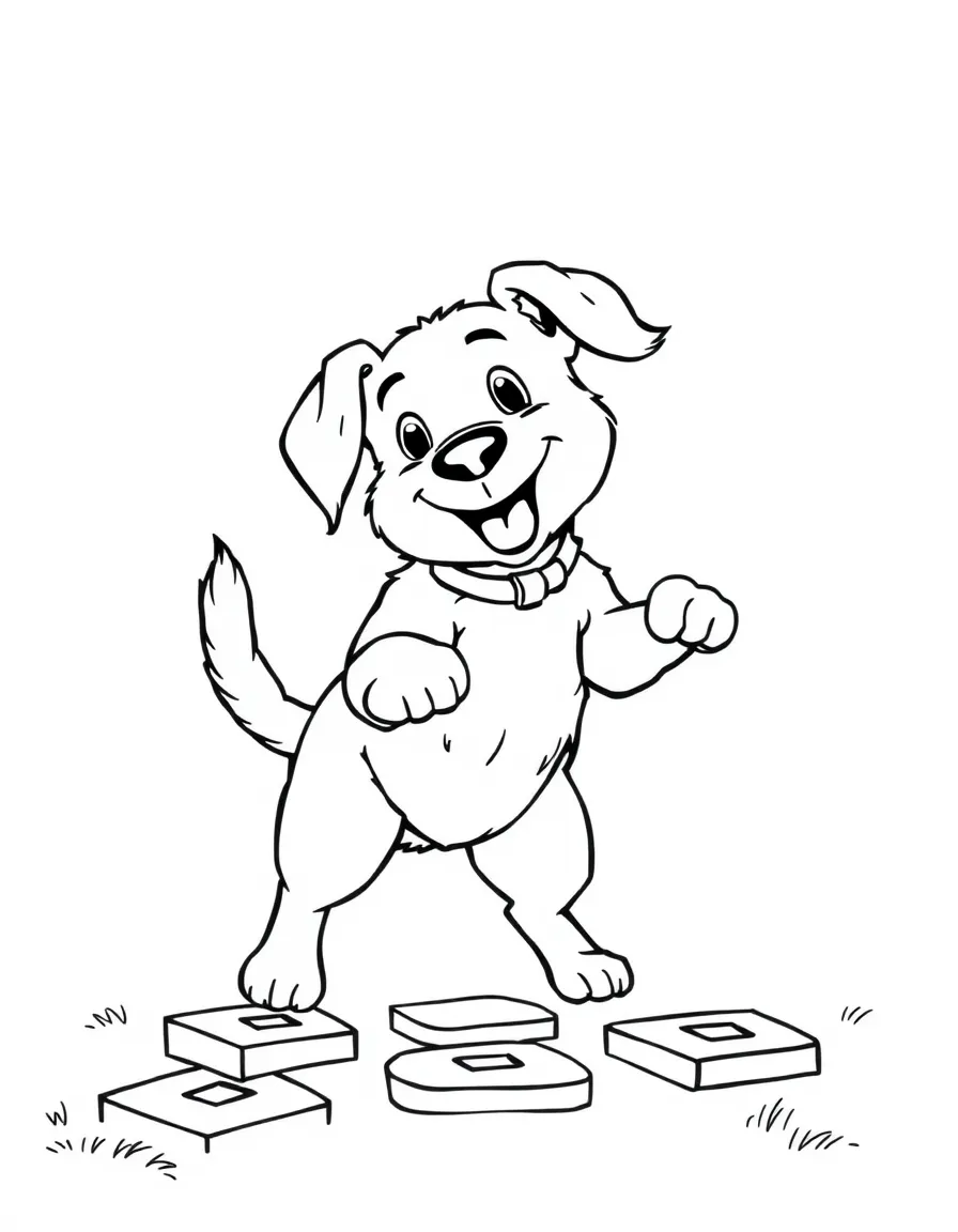 A dog playing hopscotch