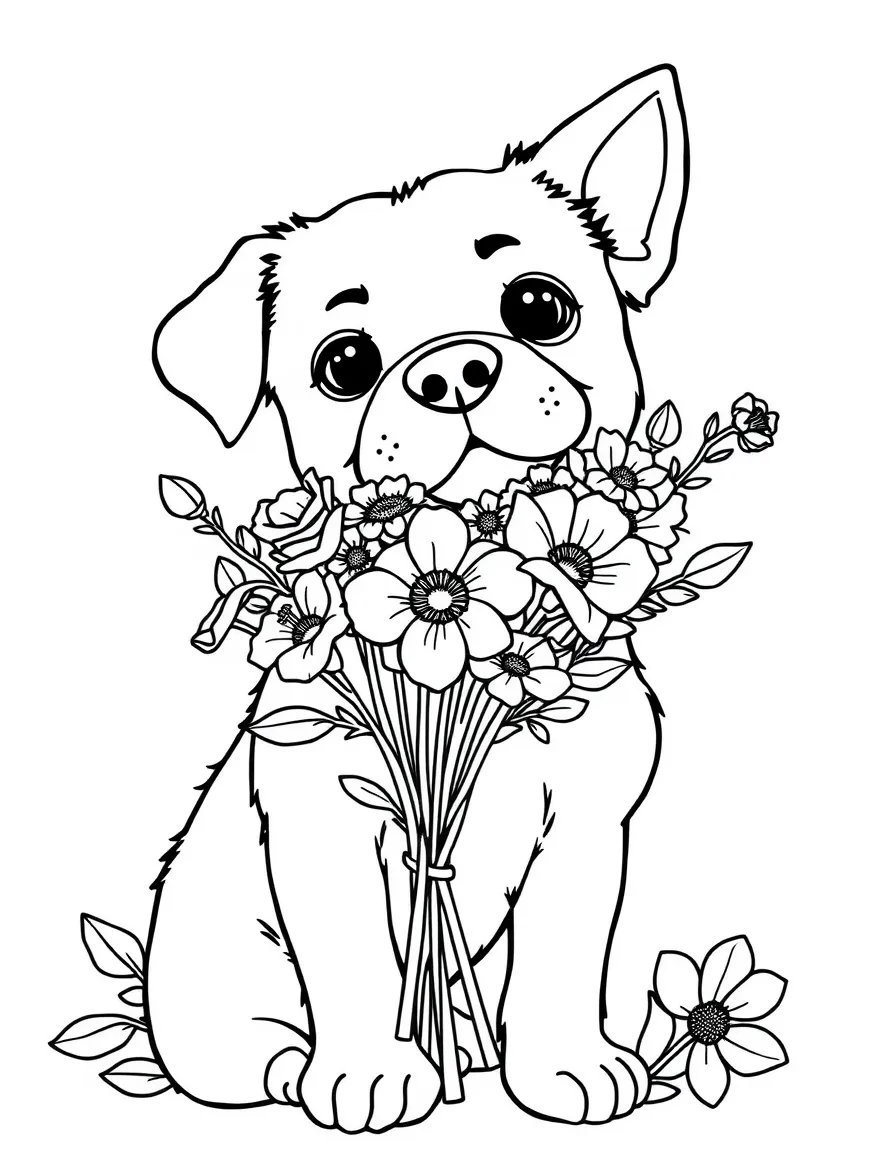 A dog with a bouquet of flowers