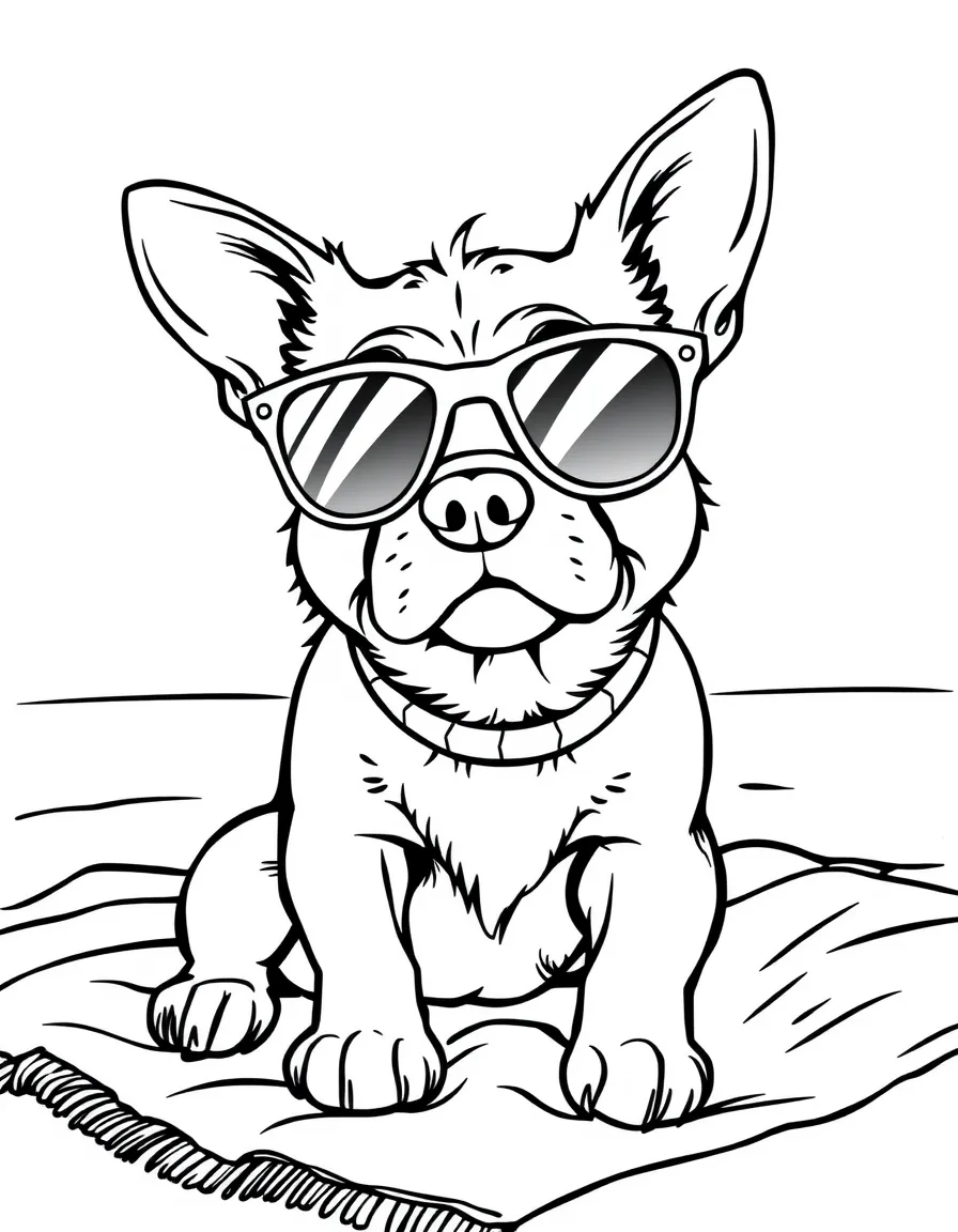 A dog in sunglasses on a beach towel