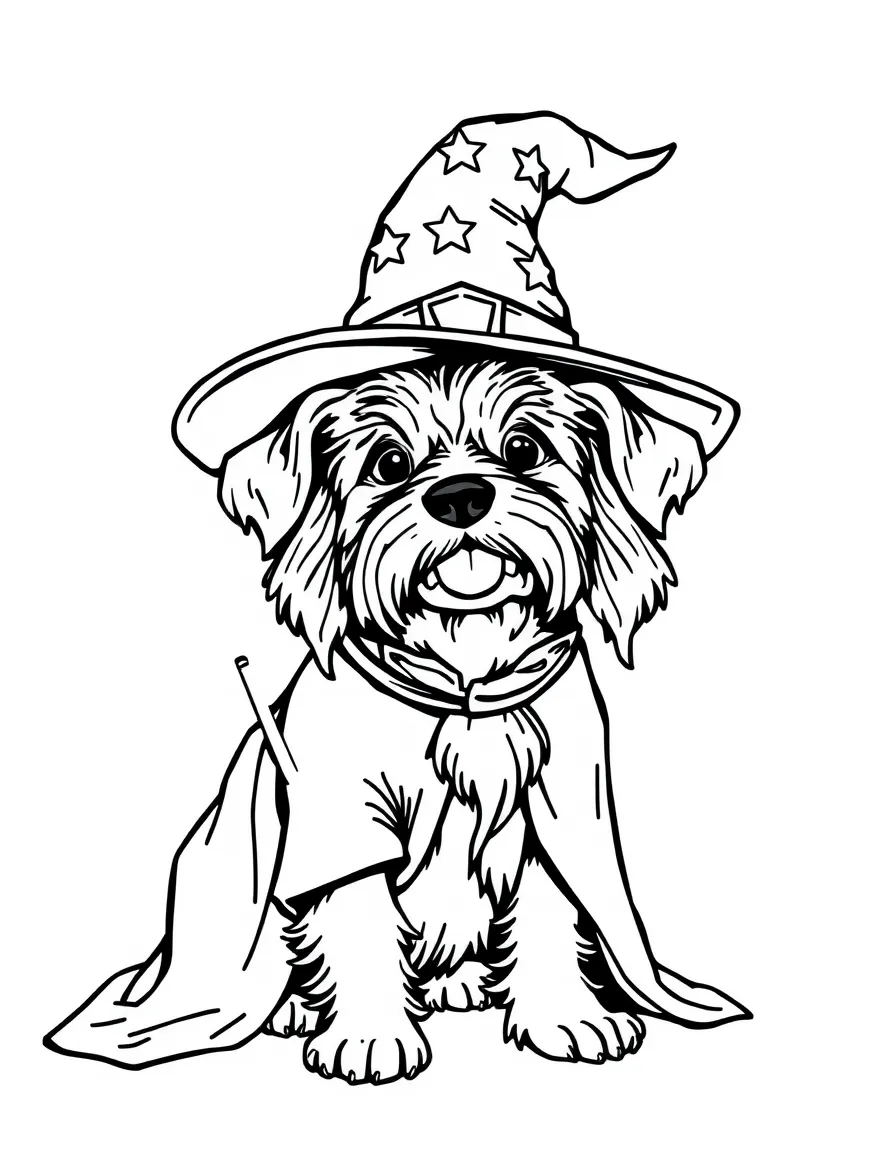 A dog dressed as a wizard with wand and hat