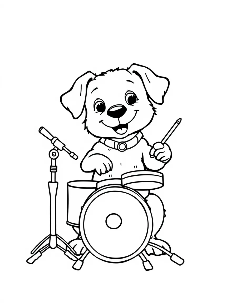 A dog playing a tiny drum set
