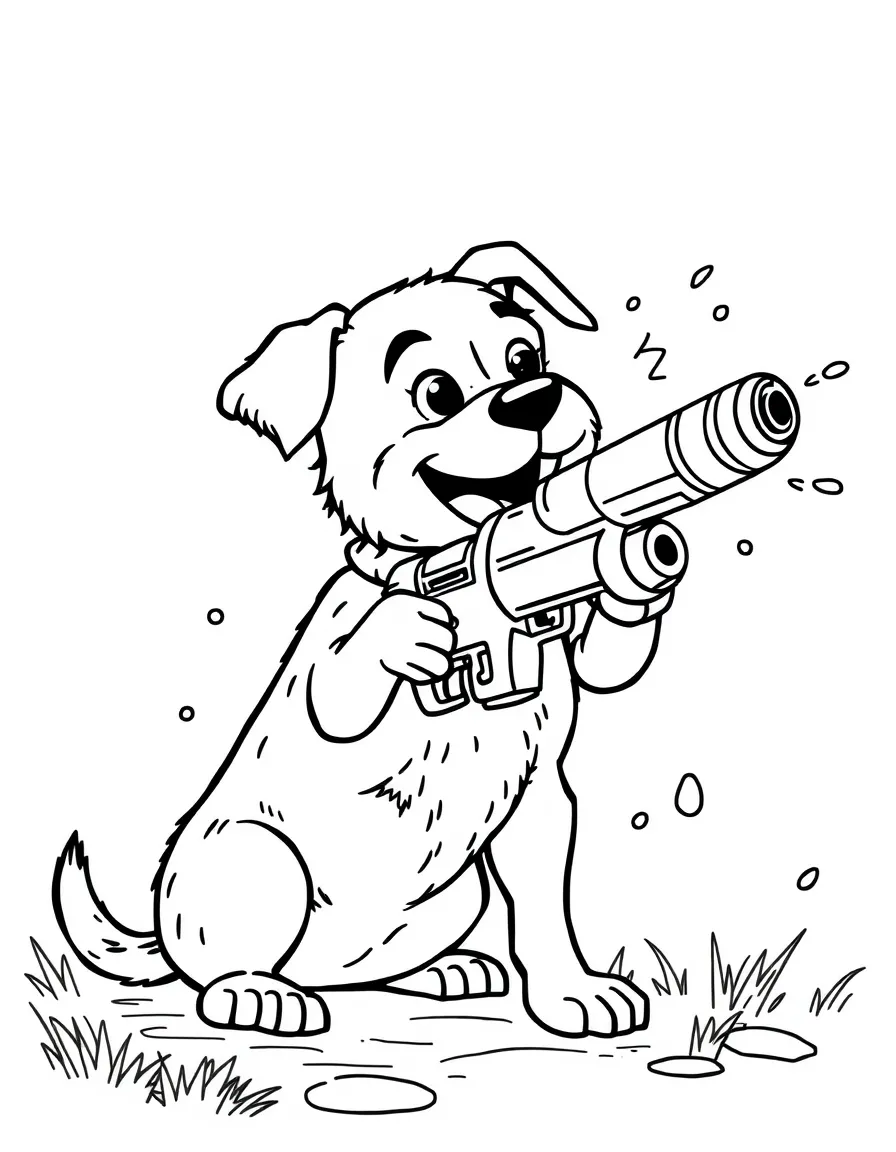 A dog having a water gun fight