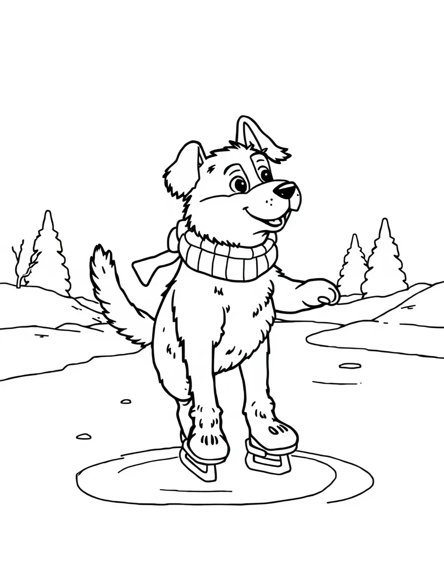 A dog ice skating on a frozen pond
