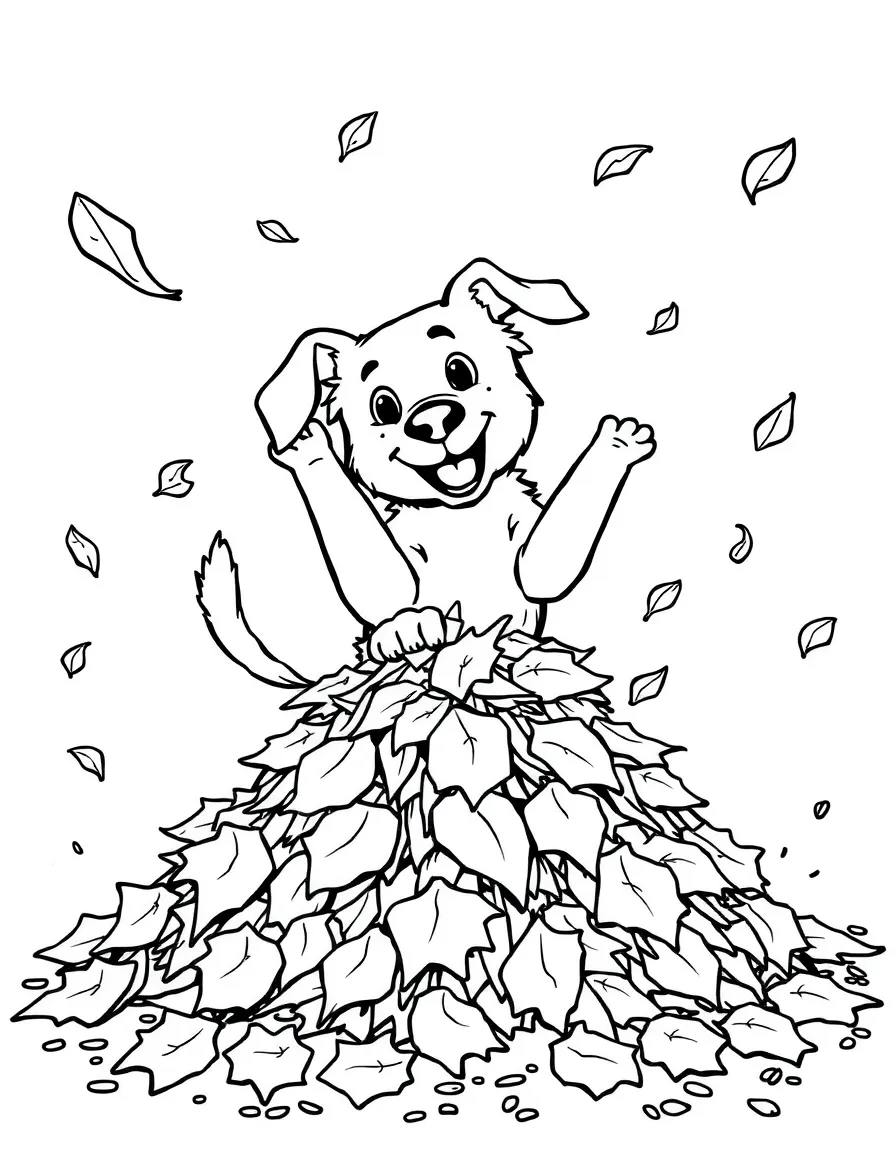A dog making a leaf pile and jumping in