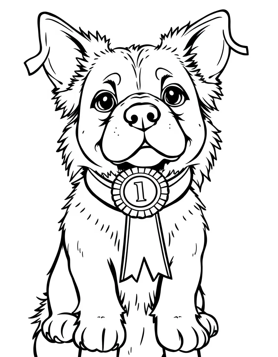 A dog with a first-place ribbon from a show