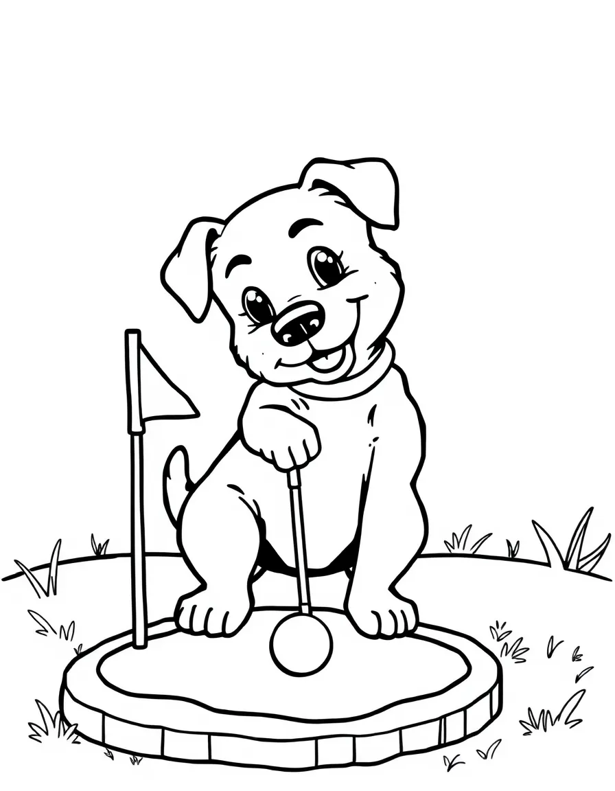 A dog playing miniature golf