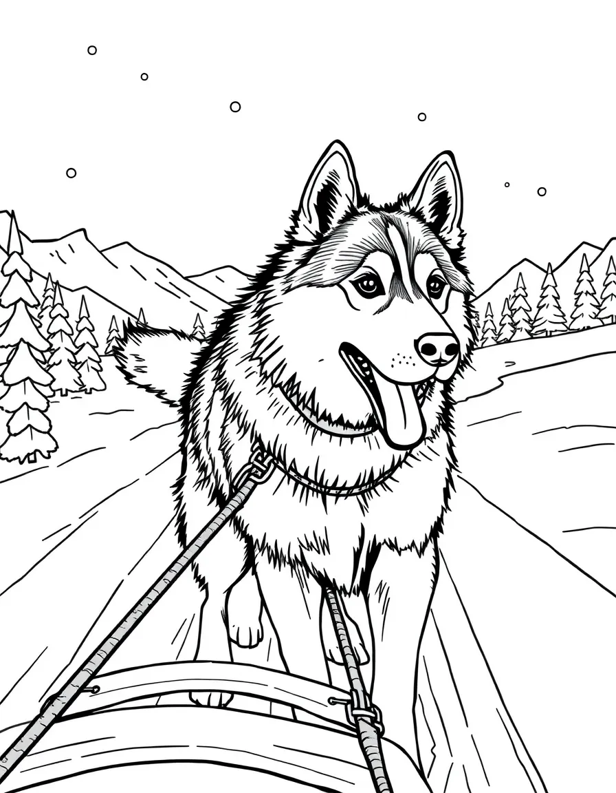 A Siberian Husky pulling a sled through snowy landscape