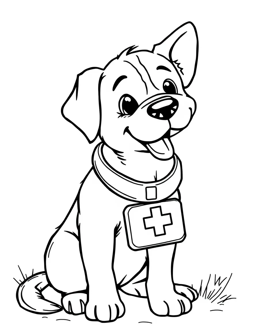A dog with a first aid kit helping others