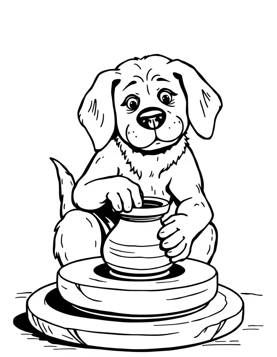 A dog making pottery on a wheel