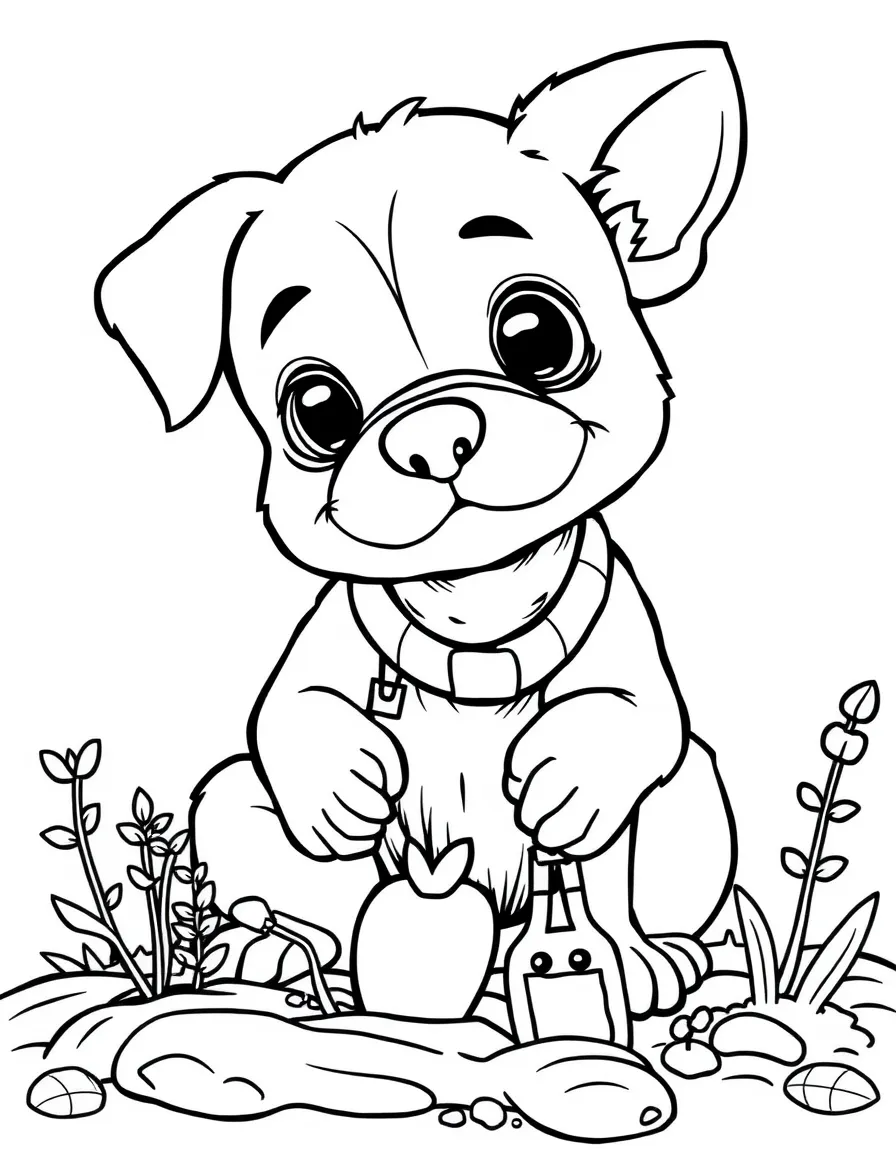 A dog gardening with tiny tools
