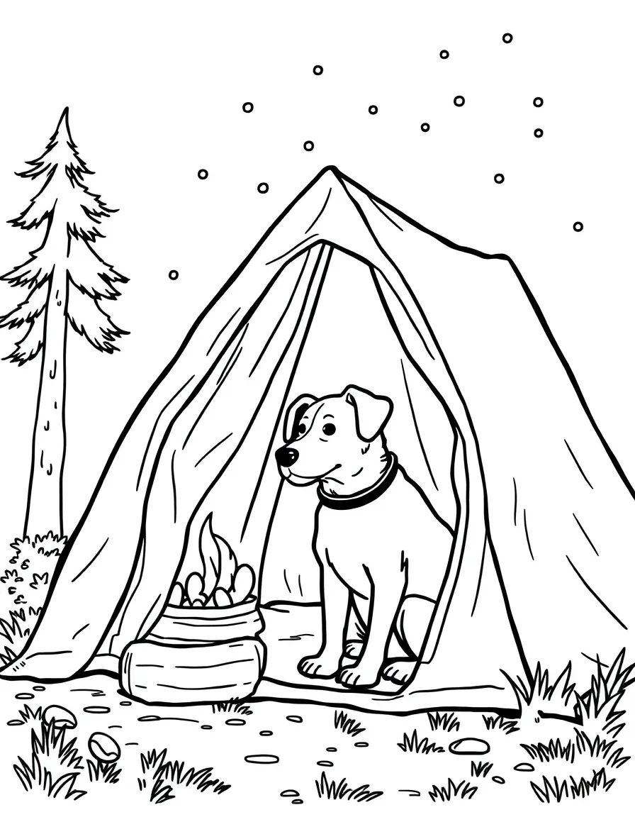 A dog setting up a tent while camping