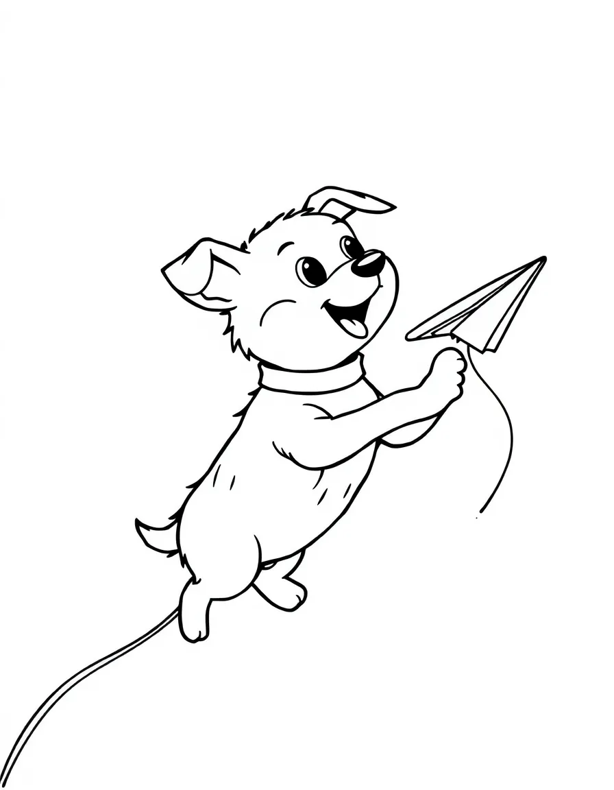 A dog flying a paper airplane