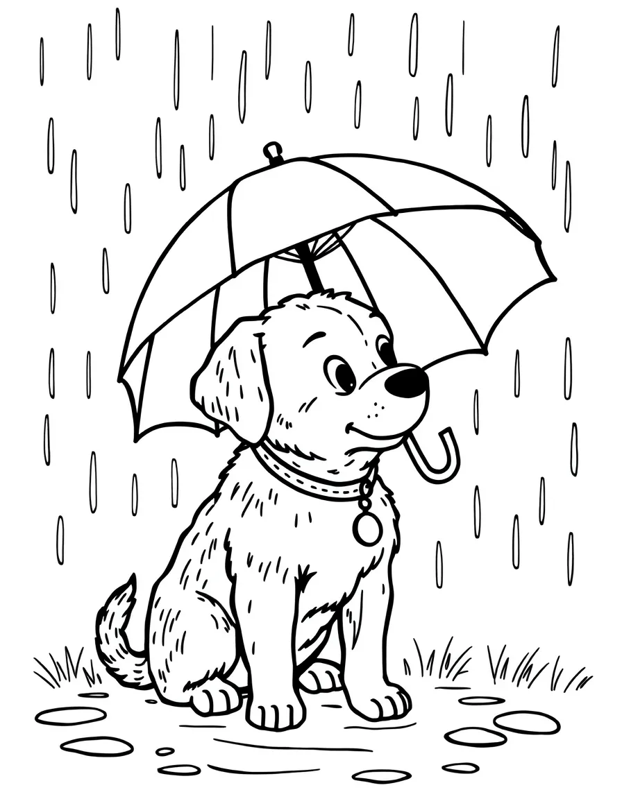 A dog with a rainbow umbrella in the rain