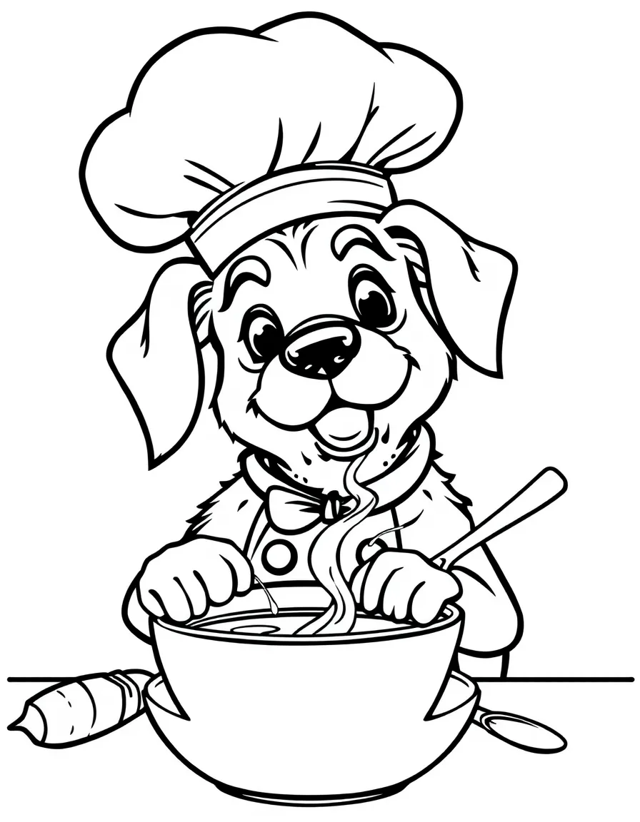 A dog in a chef's hat making soup