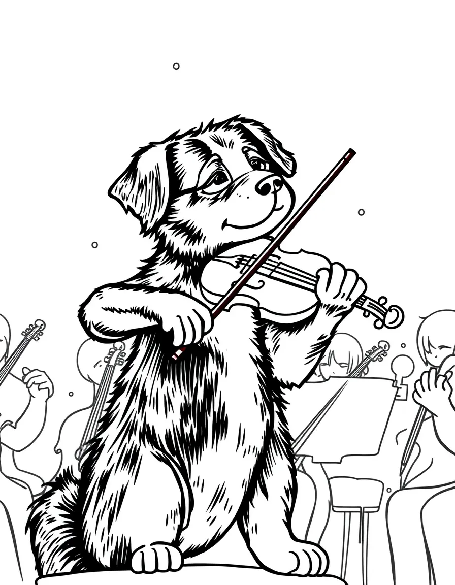 A dog playing the violin in an orchestra