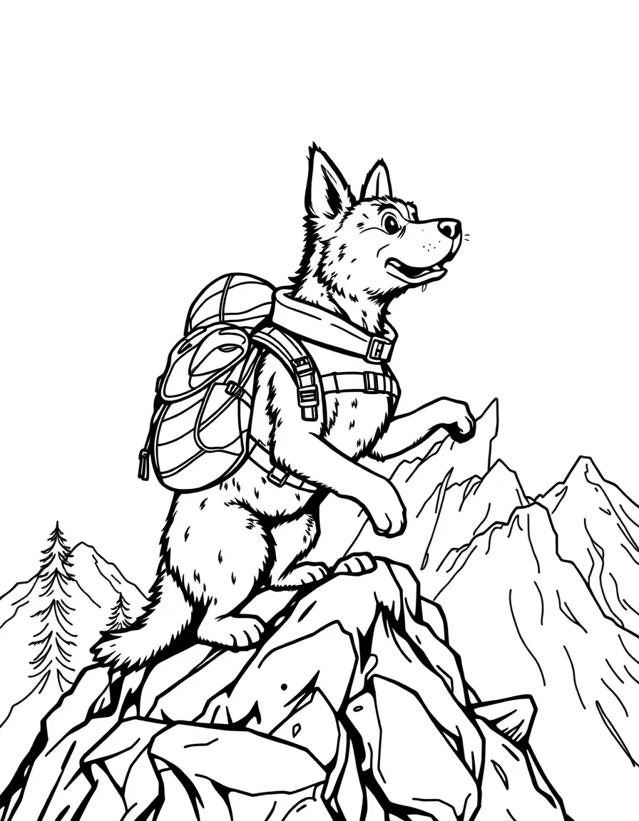 A dog climbing a mountain with hiking gear