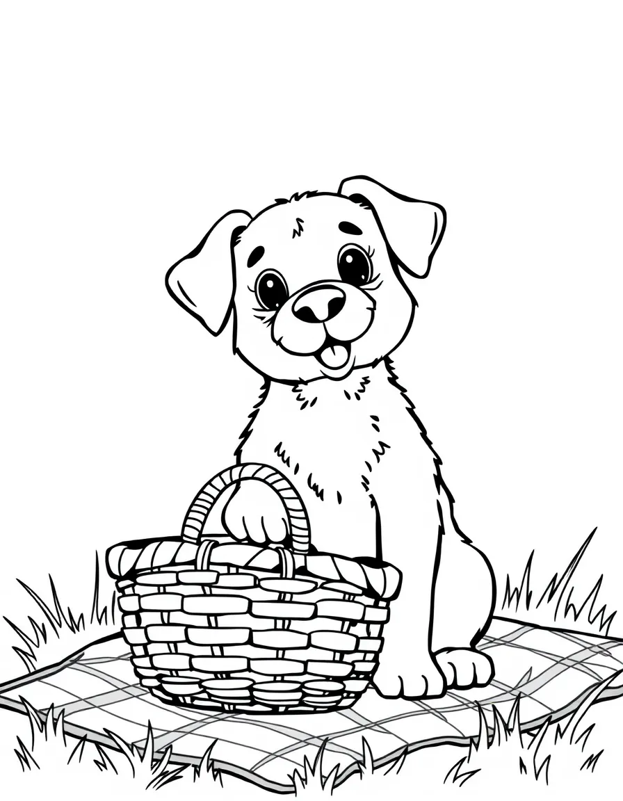A dog with a picnic basket and blanket