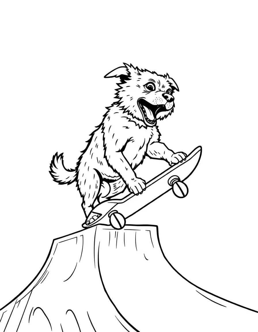 A dog doing tricks on a skateboard ramp