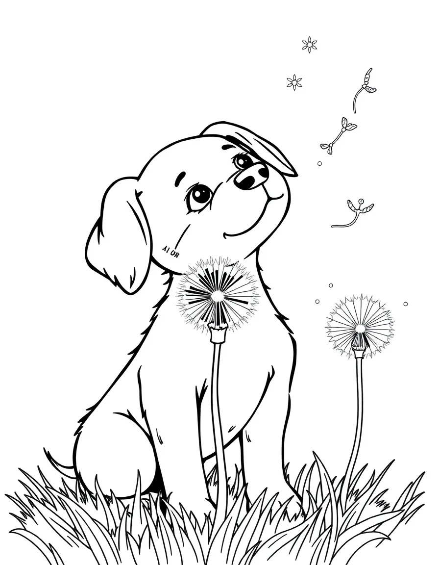 A dog making a wish on a dandelion